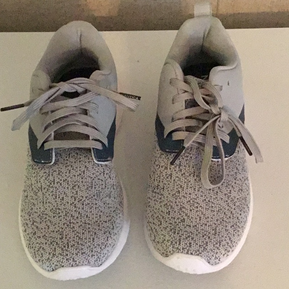 Nautica mesh grey with blue stripe, white soles sneakers size 8